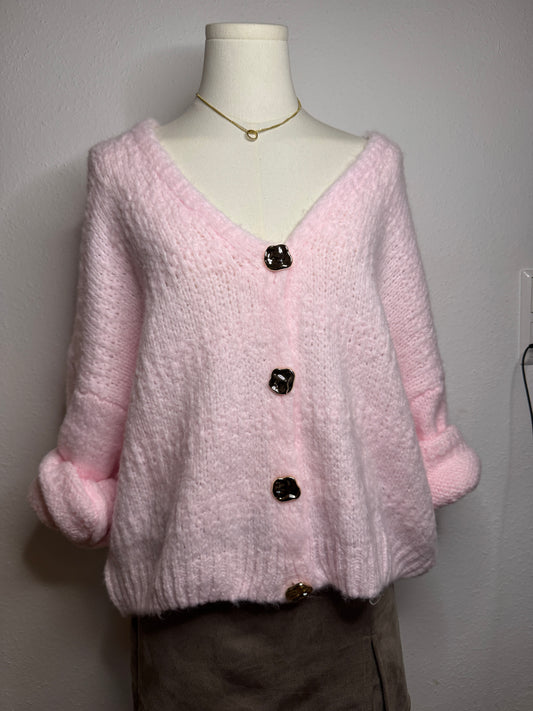 Rosa Strick-Cardigan für Damen mit goldenen Knöpfen – eleganter, weicher Knit Look